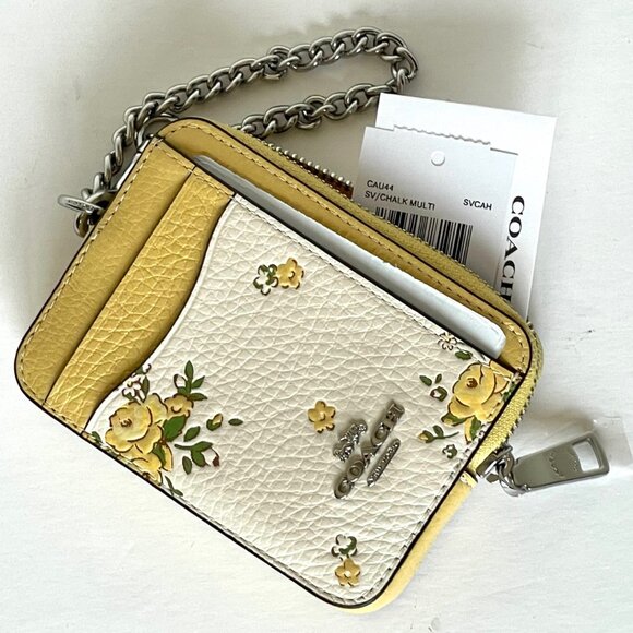 Coach Floral Zip Card Case CAU44 ID Wallet Yellow Leather Chain Strap ORGPKG - Picture 4 of 7